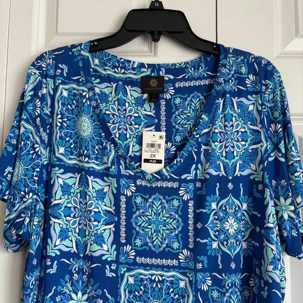 Blue Patterned Short Sleeve Top - Picture 3 of 5